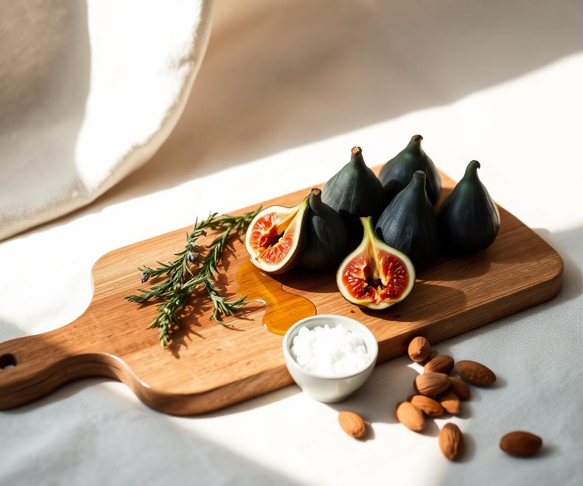 Fresh figs, rosemary, sea salt and almonds on a wooden board