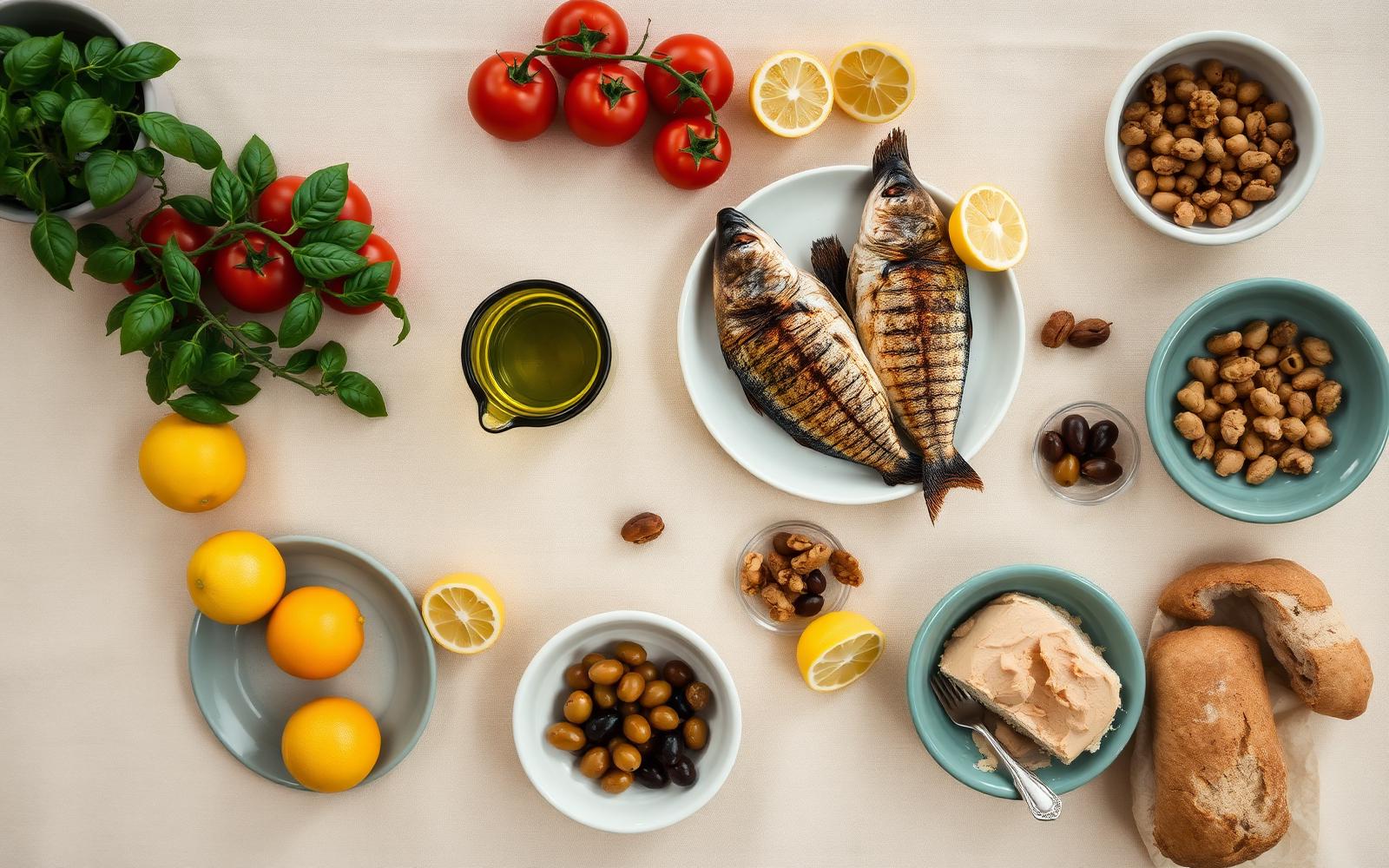 A Mediterranean spread of fish, tomatoes, olives, olive oil and bread
